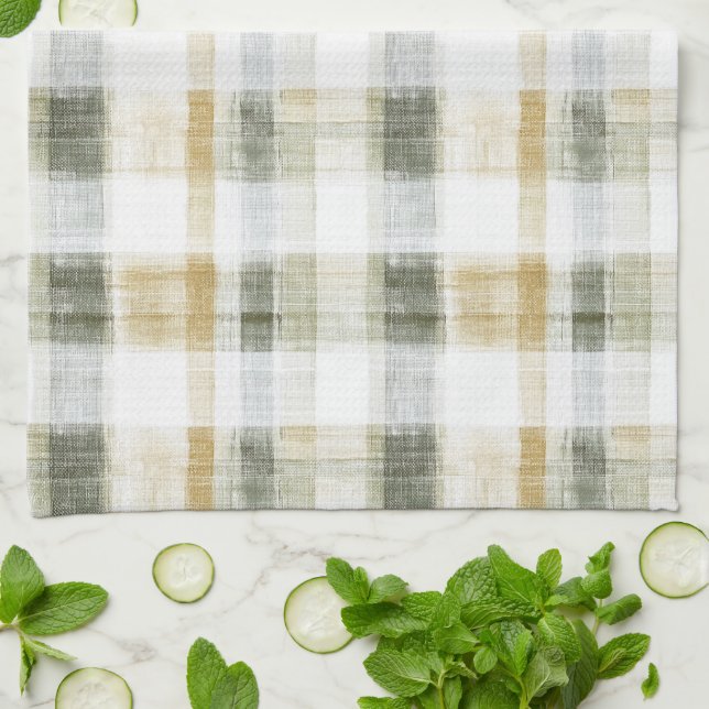 Yellow Green White Plaid Stripes Kitchen Towel (Folded)