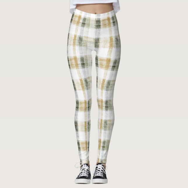 Yellow Green White Plaid Stripes Leggings (Front)