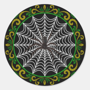 Yellow Green White Spider Web And Black Spider Classic Round Sticker