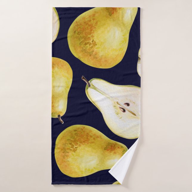 Yellow-green whole ripe pear on a black background bath towel (Bath Towel)