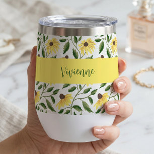 Yellow Green Wildflower Watercolor Monogram Name Thermal Wine Tumbler