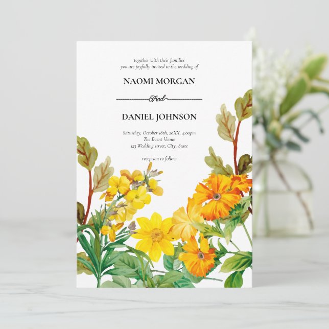 Yellow Greenery Colorful Wildflowers  Invitation (Standing Front)