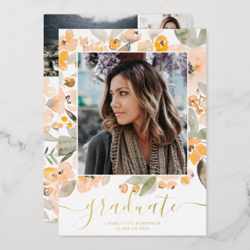 Yellow greenery script 3 photos graduation foil invitation