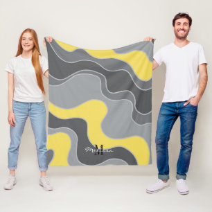 Yellow Grey Abstract Ocean Waves Monogram Fleece Blanket
