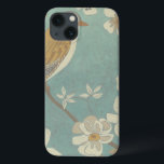 Yellow, Grey and Beige Bird Perched on a Branch iPhone 13 Case<br><div class="desc">Chariklia Zarris is known for her abstract art pieces. In this drawing of a profile of a bird on a blue teal background,  she captured the simplicity of the bird. The white flowers add a romantic touch. Customize your favorite Zazzle product using this beautiful image.</div>