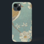 Yellow, Grey and Beige Bird Perched on a Branch iPhone 13 Case<br><div class="desc">Chariklia Zarris is known for her abstract art pieces. In this drawing of a profile of a bird on a blue teal background,  she captured the simplicity of the bird. The white flowers add a romantic touch. Customize your favorite Zazzle product using this beautiful image.</div>