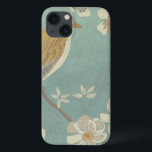 Yellow, Grey and Beige Bird Perched on a Branch iPhone 13 Case<br><div class="desc">Chariklia Zarris is known for her abstract art pieces. In this drawing of a profile of a bird on a blue teal background,  she captured the simplicity of the bird. The white flowers add a romantic touch. Customize your favorite Zazzle product using this beautiful image.</div>