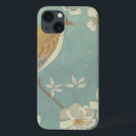 Yellow, Grey and Beige Bird Perched on a Branch iPhone 13 Case<br><div class="desc">Chariklia Zarris is known for her abstract art pieces. In this drawing of a profile of a bird on a blue teal background,  she captured the simplicity of the bird. The white flowers add a romantic touch. Customize your favorite Zazzle product using this beautiful image.</div>