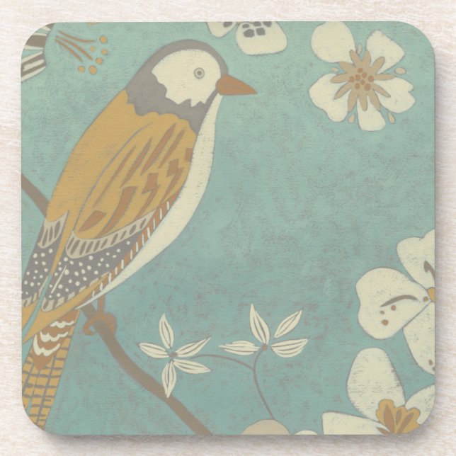 Yellow, Grey and Beige Bird Perched on a Branch Coaster (Front)