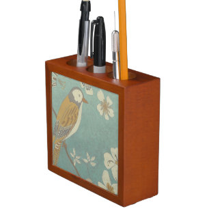 Yellow, Grey and Beige Bird Perched on a Branch Desk Organizer