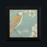 Yellow, Grey and Beige Bird Perched on a Branch Gift Box<br><div class="desc">Chariklia Zarris is known for her abstract art pieces. In this drawing of a profile of a bird on a blue teal background,  she captured the simplicity of the bird. The white flowers add a romantic touch. Customize your favorite Zazzle product using this beautiful image.</div>