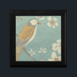 Yellow, Grey and Beige Bird Perched on a Branch Gift Box<br><div class="desc">Chariklia Zarris is known for her abstract art pieces. In this drawing of a profile of a bird on a blue teal background,  she captured the simplicity of the bird. The white flowers add a romantic touch. Customize your favorite Zazzle product using this beautiful image.</div>