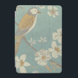 Yellow, Grey and Beige Bird Perched on a Branch iPad Mini Cover<br><div class="desc">Chariklia Zarris is known for her abstract art pieces. In this drawing of a profile of a bird on a blue teal background,  she captured the simplicity of the bird. The white flowers add a romantic touch. Customize your favorite Zazzle product using this beautiful image.</div>