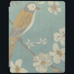 Yellow, Grey and Beige Bird Perched on a Branch iPad Smart Cover<br><div class="desc">Chariklia Zarris is known for her abstract art pieces. In this drawing of a profile of a bird on a blue teal background,  she captured the simplicity of the bird. The white flowers add a romantic touch. Customize your favorite Zazzle product using this beautiful image.</div>
