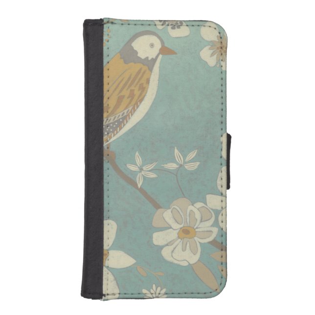 Yellow, Grey and Beige Bird Perched on a Branch iPhone Wallet Case (Front)