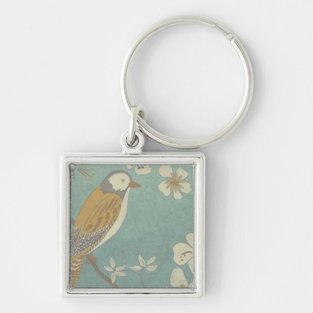 Yellow, Grey and Beige Bird Perched on a Branch Keychain (Front)
