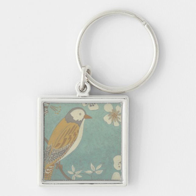 Yellow, Grey and Beige Bird Perched on a Branch Keychain (Front)