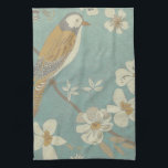 Yellow, Grey and Beige Bird Perched on a Branch Kitchen Towel<br><div class="desc">Chariklia Zarris is known for her abstract art pieces. In this drawing of a profile of a bird on a blue teal background,  she captured the simplicity of the bird. The white flowers add a romantic touch. Customize your favorite Zazzle product using this beautiful image.</div>