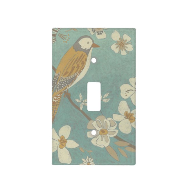 Yellow, Grey and Beige Bird Perched on a Branch Light Switch Cover (Front)
