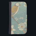 Yellow, Grey and Beige Bird Perched on a Branch Wallet Phone Case For Samsung Galaxy S4<br><div class="desc">Chariklia Zarris is known for her abstract art pieces. In this drawing of a profile of a bird on a blue teal background,  she captured the simplicity of the bird. The white flowers add a romantic touch. Customize your favorite Zazzle product using this beautiful image.</div>