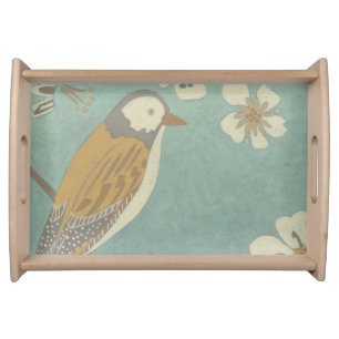 Yellow, Grey and Beige Bird Perched on a Branch Serving Tray
