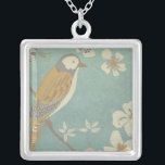 Yellow, Grey and Beige Bird Perched on a Branch Silver Plated Necklace<br><div class="desc">Chariklia Zarris is known for her abstract art pieces. In this drawing of a profile of a bird on a blue teal background,  she captured the simplicity of the bird. The white flowers add a romantic touch. Customize your favorite Zazzle product using this beautiful image.</div>