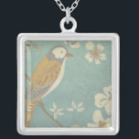 Yellow, Grey and Beige Bird Perched on a Branch Silver Plated Necklace<br><div class="desc">Chariklia Zarris is known for her abstract art pieces. In this drawing of a profile of a bird on a blue teal background,  she captured the simplicity of the bird. The white flowers add a romantic touch. Customize your favorite Zazzle product using this beautiful image.</div>