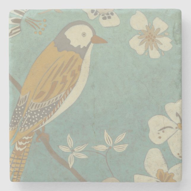 Yellow, Grey and Beige Bird Perched on a Branch Stone Coaster (Front)