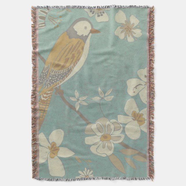 Yellow, Grey and Beige Bird Perched on a Branch Throw Blanket (Front Vertical)