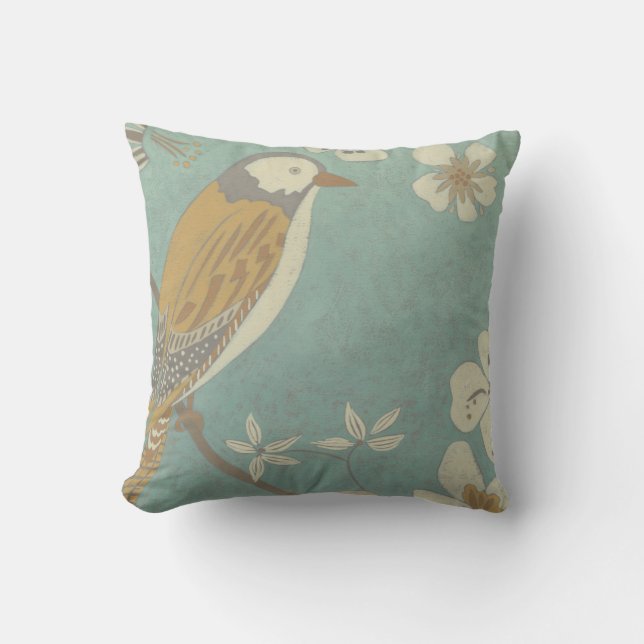 Yellow, Grey and Beige Bird Perched on a Branch Throw Pillow (Front)