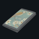 Yellow, Grey and Beige Bird Perched on a Branch Trifold Wallet<br><div class="desc">Chariklia Zarris is known for her abstract art pieces. In this drawing of a profile of a bird on a blue teal background,  she captured the simplicity of the bird. The white flowers add a romantic touch. Customize your favorite Zazzle product using this beautiful image.</div>