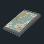 Yellow, Grey and Beige Bird Perched on a Branch Trifold Wallet<br><div class="desc">Chariklia Zarris is known for her abstract art pieces. In this drawing of a profile of a bird on a blue teal background,  she captured the simplicity of the bird. The white flowers add a romantic touch. Customize your favorite Zazzle product using this beautiful image.</div>