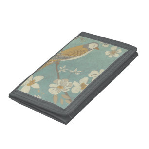 Yellow, Grey and Beige Bird Perched on a Branch Trifold Wallet