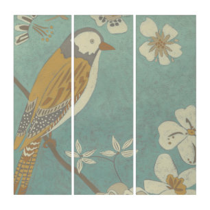 Yellow, Grey and Beige Bird Perched on a Branch Triptych