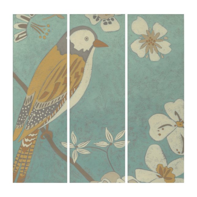 Yellow, Grey and Beige Bird Perched on a Branch Triptych (Front)