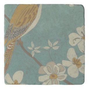 Yellow, Grey and Beige Bird Perched on a Branch Trivet