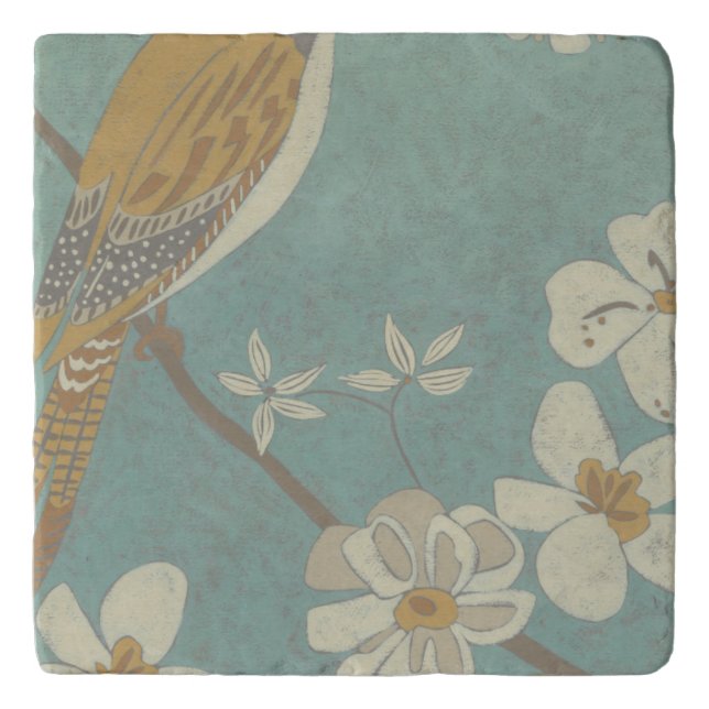 Yellow, Grey and Beige Bird Perched on a Branch Trivet (Front)