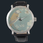Yellow, Grey and Beige Bird Perched on a Branch Watch<br><div class="desc">Chariklia Zarris is known for her abstract art pieces. In this drawing of a profile of a bird on a blue teal background,  she captured the simplicity of the bird. The white flowers add a romantic touch. Customize your favorite Zazzle product using this beautiful image.</div>