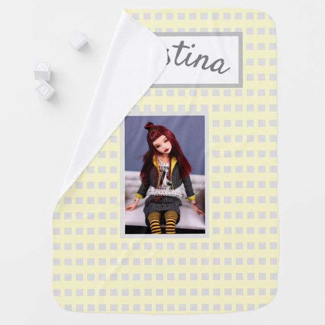 Yellow  Grey and Cute Doll Baby Blanket (In Situ)