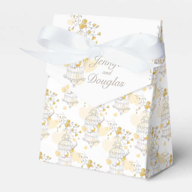 Yellow grey bird named wedding favor tent box (Front Side)