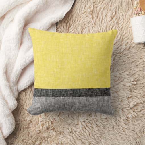 Yellow Grey Black Stripes Digital Burlap Pattern Throw Pillow | Zazzle
