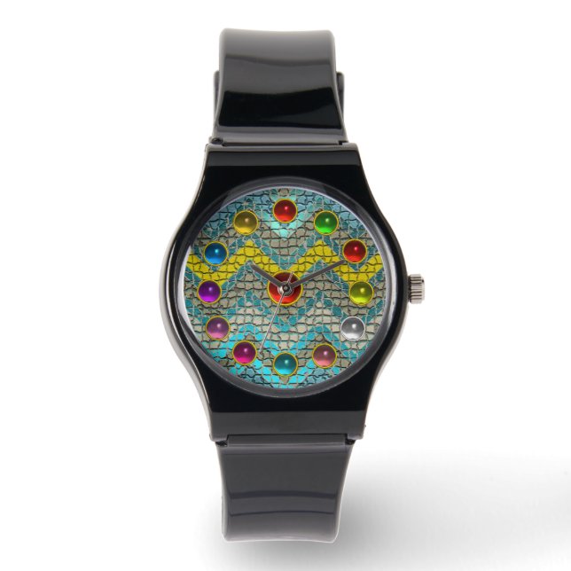 YELLOW GREY BLUE TEAL CHEVRONS COLORFUL GEMSTONES WATCH (Front)