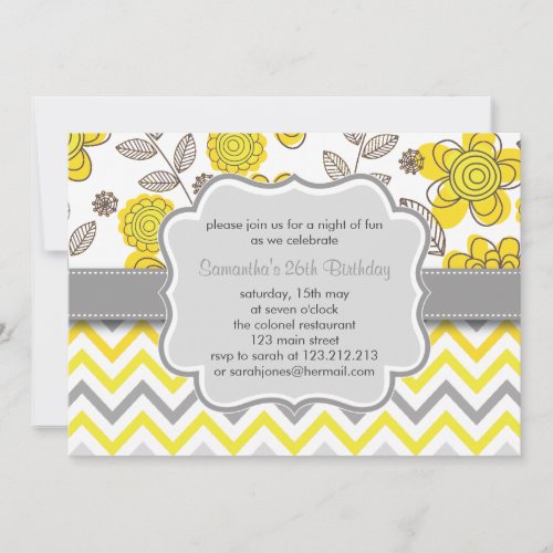 Yellow &amp; Grey Chevron Floral Modern Birthday Party Custom Invites