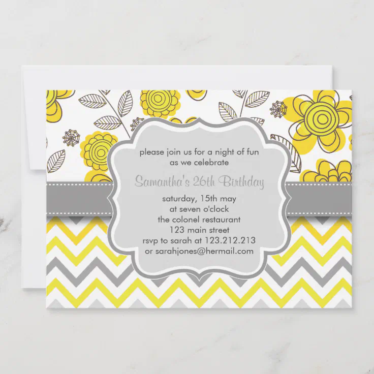 Yellow & Grey Chevron Floral Modern Birthday Party Invitation | Zazzle