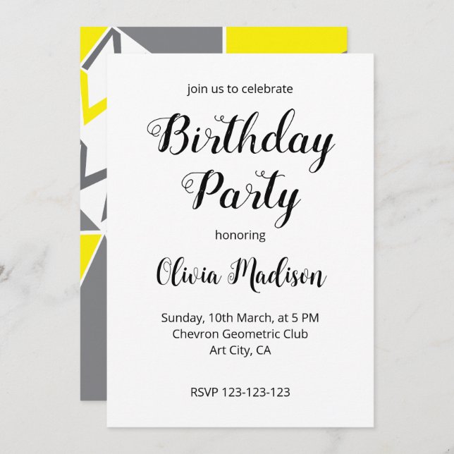 Yellow Grey Chevron Geometric Birthday Party Invitation (Front/Back)
