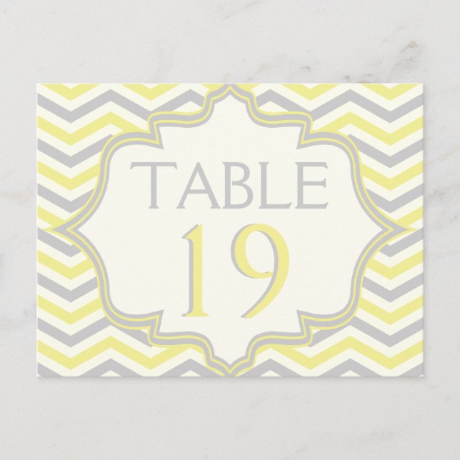 Yellow grey chevron zigzag wedding table number (Front)