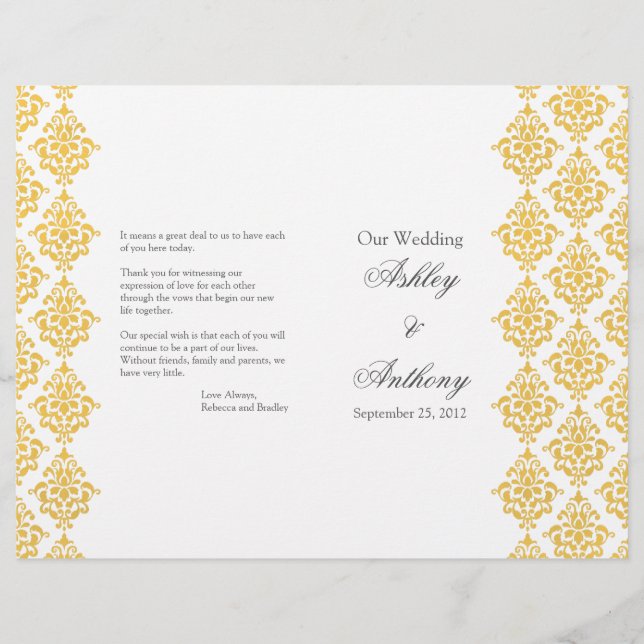 Yellow Grey Damask Foldable Wedding Program (Front)