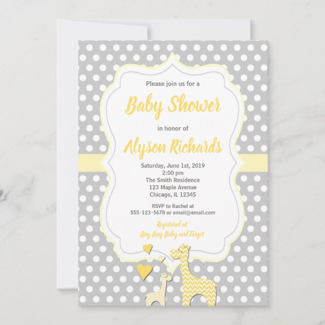 Yellow grey elephant gender neutral baby shower invitation (Front)
