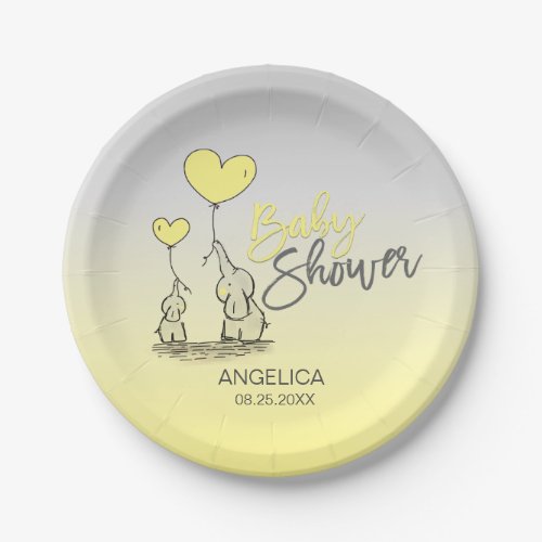 Yellow Grey Elephant Gender Neutral Baby Shower Paper Plates