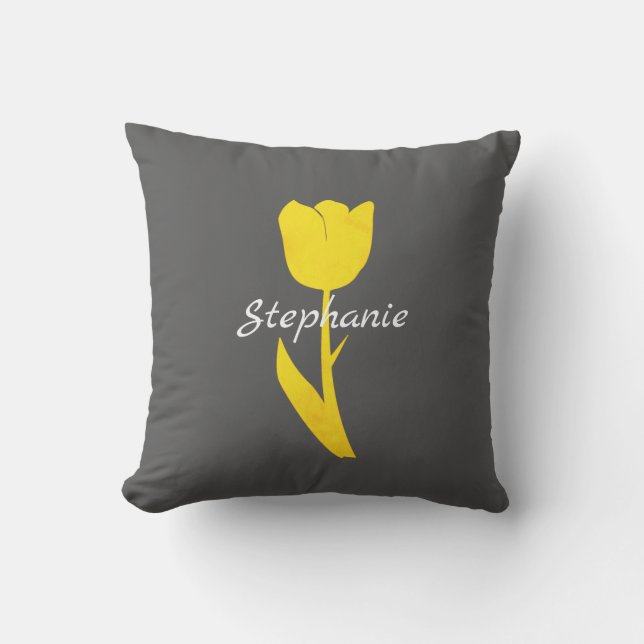 Yellow Grey Floral Tulips Patterns Monograms Outdoor Pillow (Front)